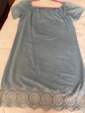 Off-Shoulder Light Blue Embroidered Hem Dress
